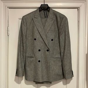 Express Grey Linen Blend Double Breasted Slim Suit - 40R Jacket, 32x30 Pants